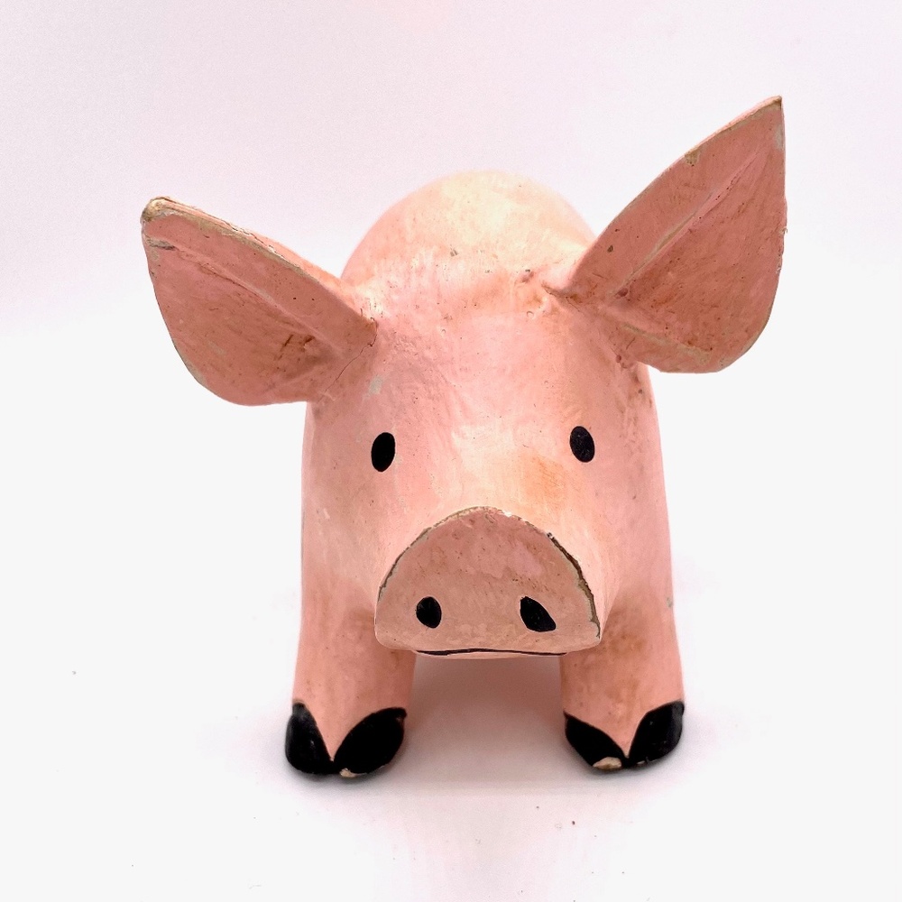 Hand Carved and Painted Wood Pig Object D'Art